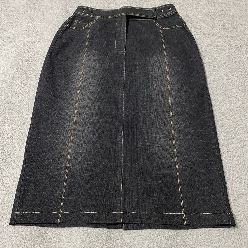 Ashley Stewart Denim Maxi Skirt Women 14W / 33 Blue Dark Wash Back Slit Y2K Boho